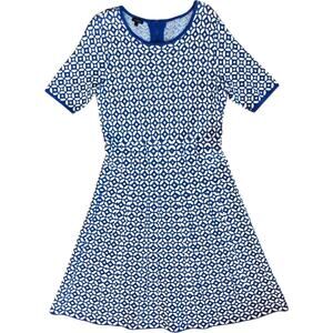 Talbots Women’s Dress Large Blue Midi Fit & Flare Knit Back Zip Geometric